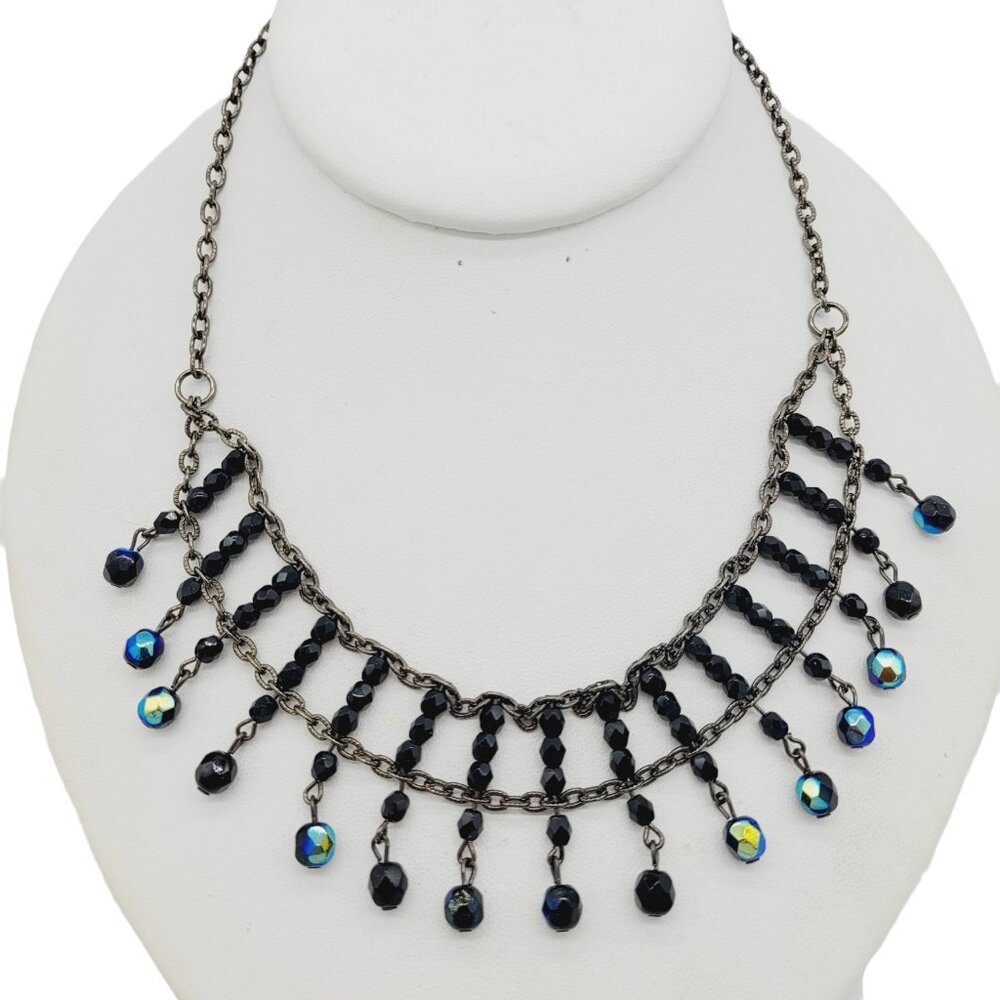 Iridescent Black Aurora Borealis Czech Glass Beaded Bib Choker Collar Necklace